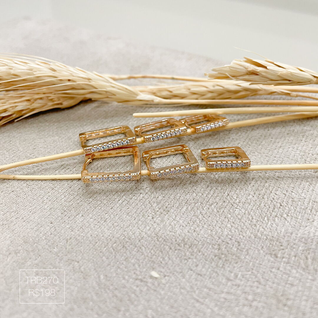 Trio de Argola Quadrada Cravejada Cristal Dourado